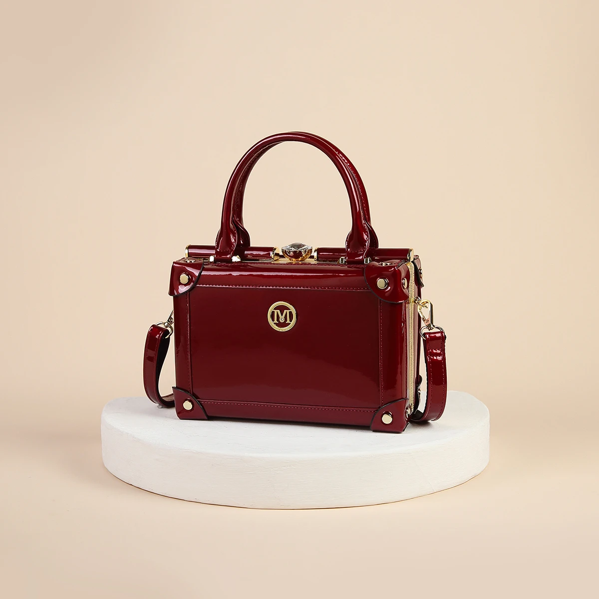 

Patent Leather Handbag for Women - Fashion Glossy Shoulder Bag with Removable Strap, Rivet Embellished Solid Color Banquet Purse