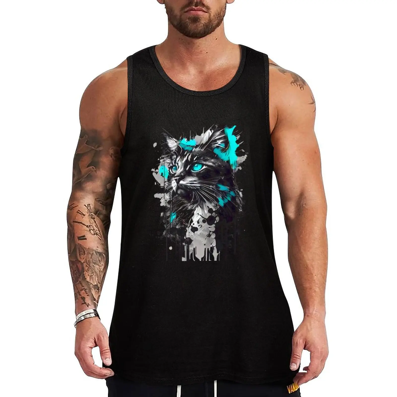 

An artistic painting of a cute cat with turquoise blue eyes Tank Top vests for men Japanese t-shirt quick-drying t-shirt