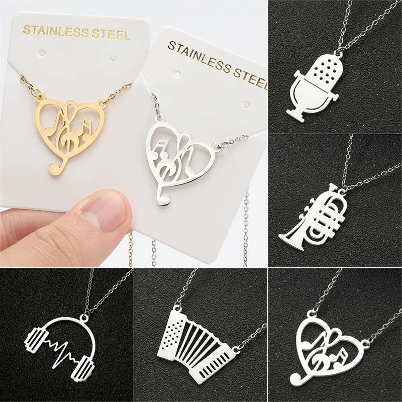 Korean version of fashion sheet music music note pendant necklace ins personalized earphones microphone accordion collarbone cha