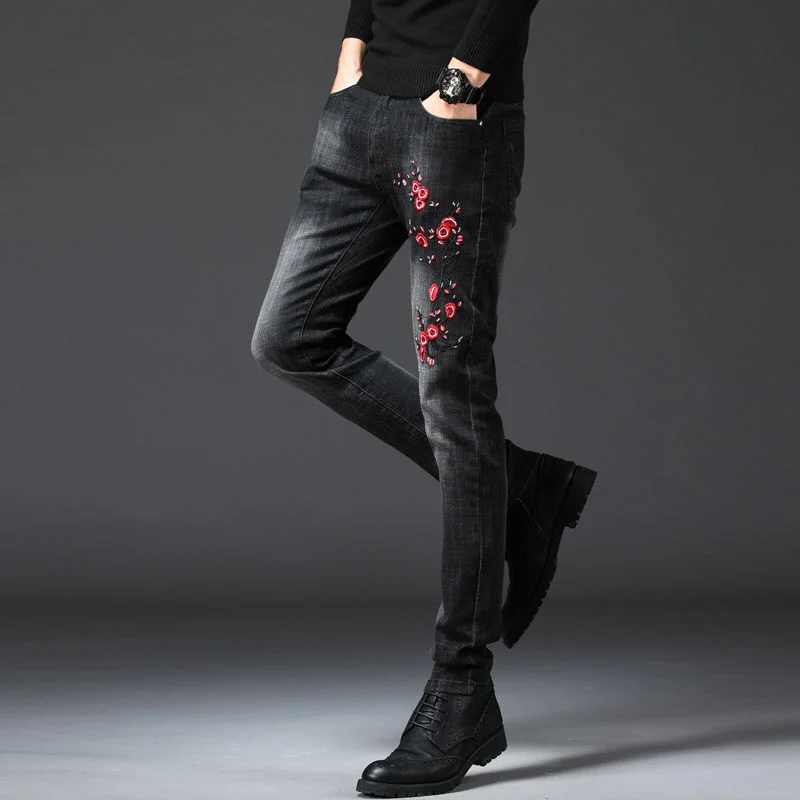 High Quality Men's Flower Embroidery Denim Pants Scratches Decoration Casual Jeans Classic Slim Fit Style Black Stretch Trousers