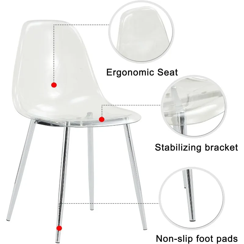 Limpar Cadeiras de Jantar com Pernas de Metal Prateado Conjunto de 6 Cadeiras Sem Braços Transparente e Transparente, Cozinha Sala de Jantar Sala de Estar