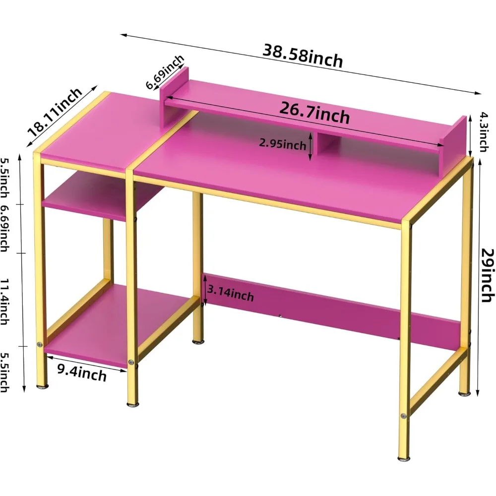 Gaming Desk - 39" Home Office Desk with Storage, Writing Desk with Monitor Stand, Modern Simple Study Corner Table, Adjustable