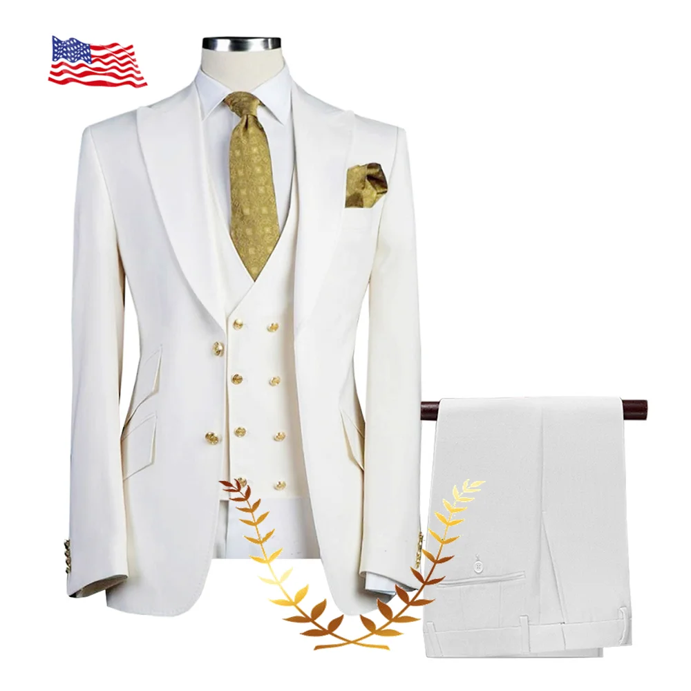 Ivory Suit for Men Wedding Tuxedo Formal Jacket Pants Vest 3-piece Set Peak Lapel Outfit Slim Fit Blazer Handsome Men\'s Suit