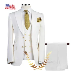 Ivory Suit for Men Wedding Tuxedo Formal Jacket Pants Vest 3-piece Set Peak Lapel Outfit Slim Fit Blazer Handsome Men's Suit