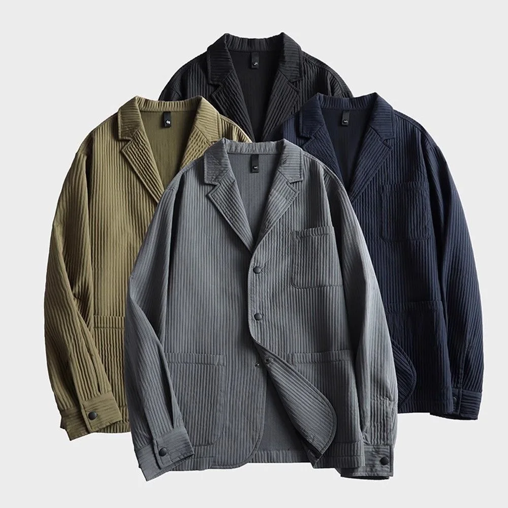 

Fashion Textured Line Suit Shirt Men Tailored Collar Long Sleeve Blouse Tops Spring Autumn Business Casual Blazer Shirs Coat