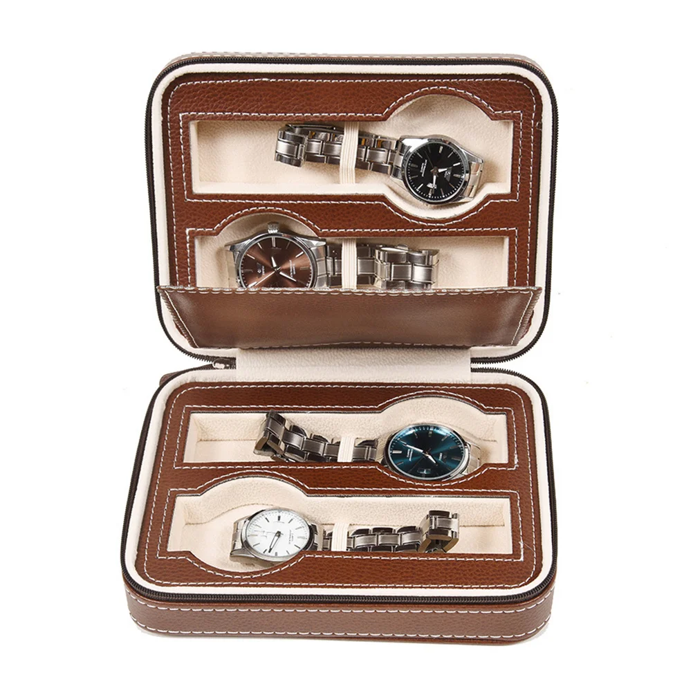 

Watch Storage Case Organizer 4 Compartments Zippered Travel Bag Padded Holder for Watches Collection Brown 18x14x6cm Stylish