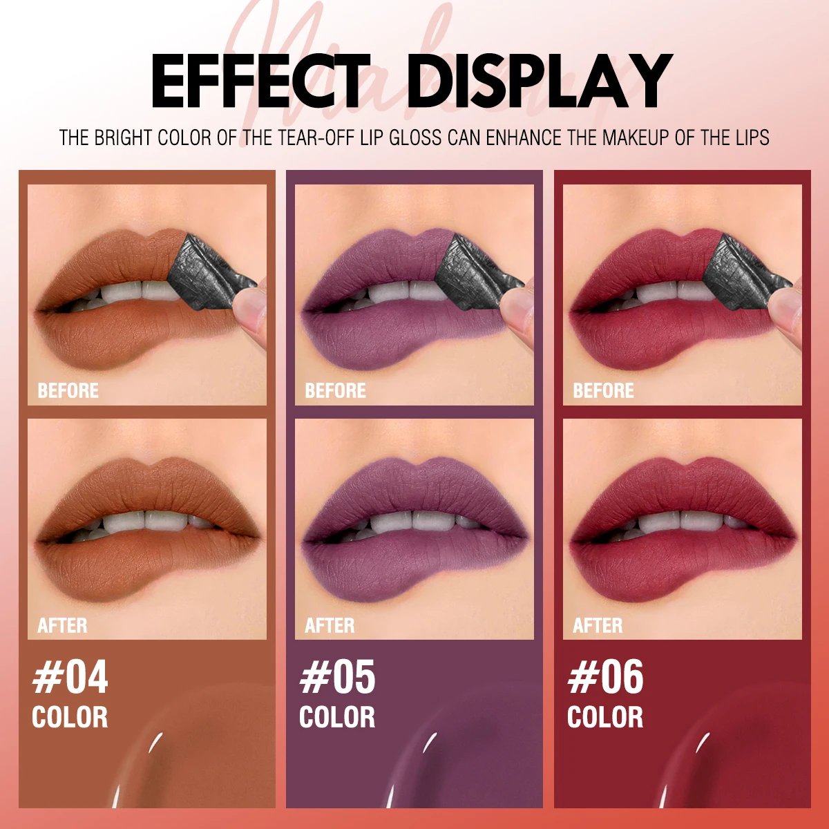 防水性と長持ちするピールオフリップグロスタトゥー、すべての肌にマットなナチュラルルック、鮮やかなピンクの赤い色合いに最適