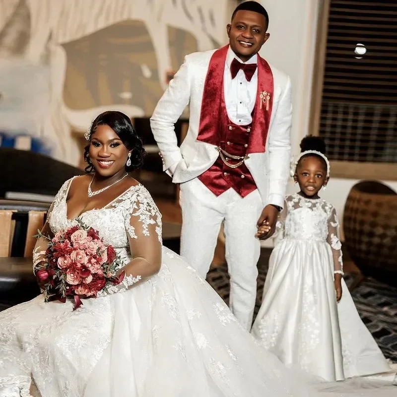 Vestido De Novia personalizado con apliques De encaje y cuello en V para Novia, Vestidos De Novia De manga larga De talla grande, vestido De Novia con espalda baja