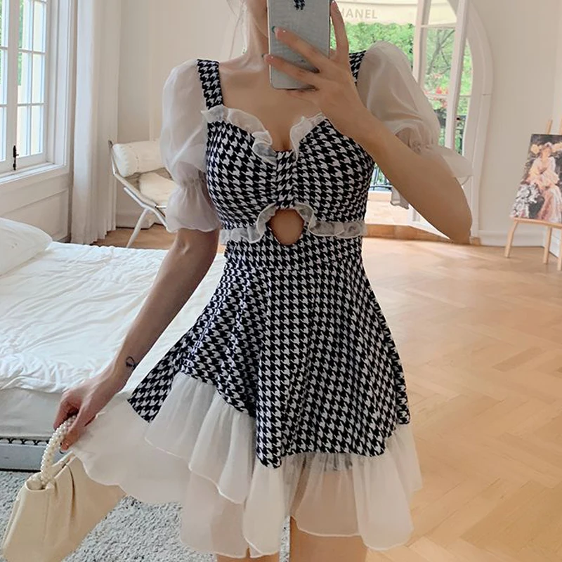 Women Y2K Houndstooth Print Patchwork Ruffle Elegant One Piece Swimsuit New Summer Sexy Hollow Short Sleeve Beach Skirt Swimwear