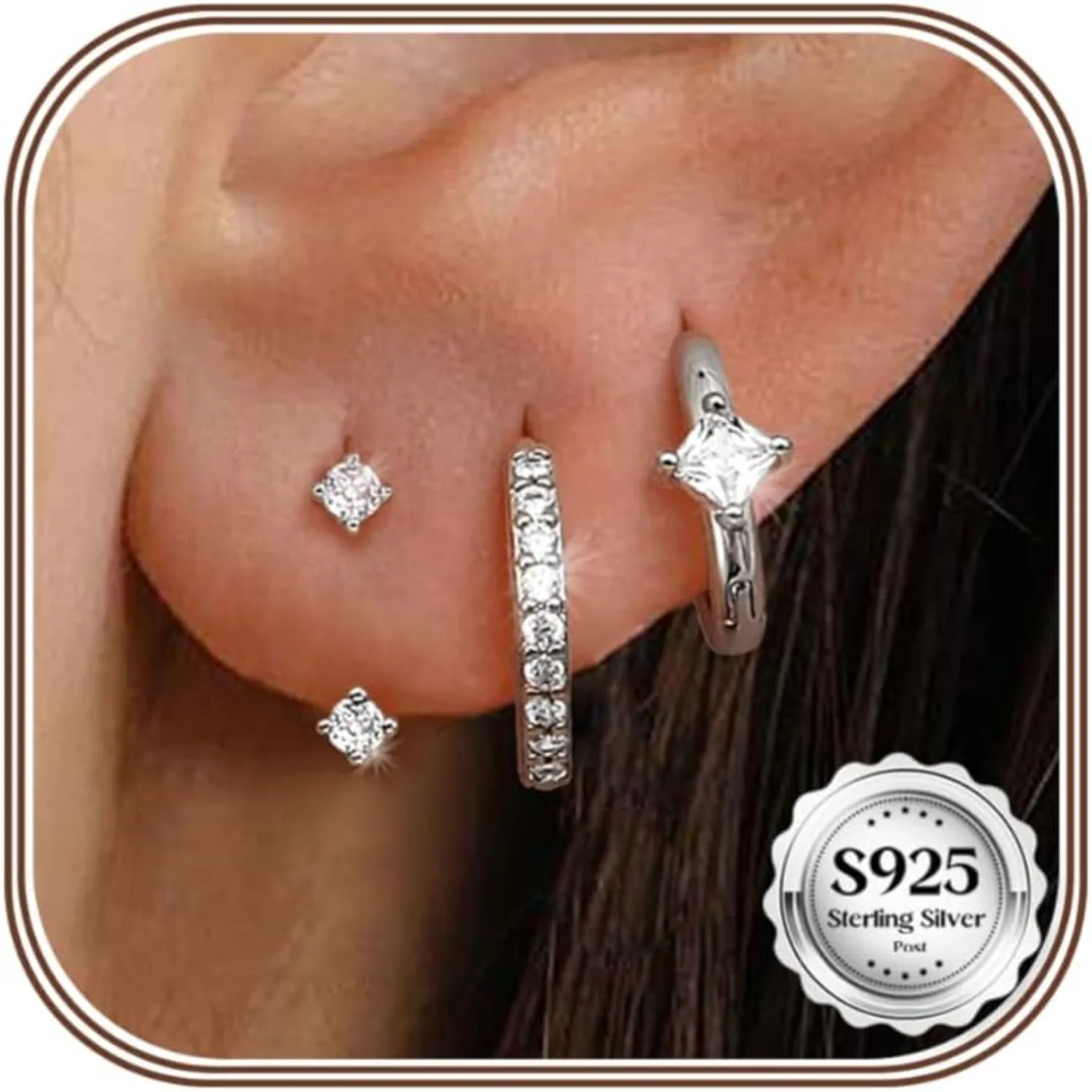 Fansilver 3Pairs 925 Sterling Silver Earrings for Women Hoop Earrings for Multiple Piercing CZ Cartilage Earrings Jewelry Gifts