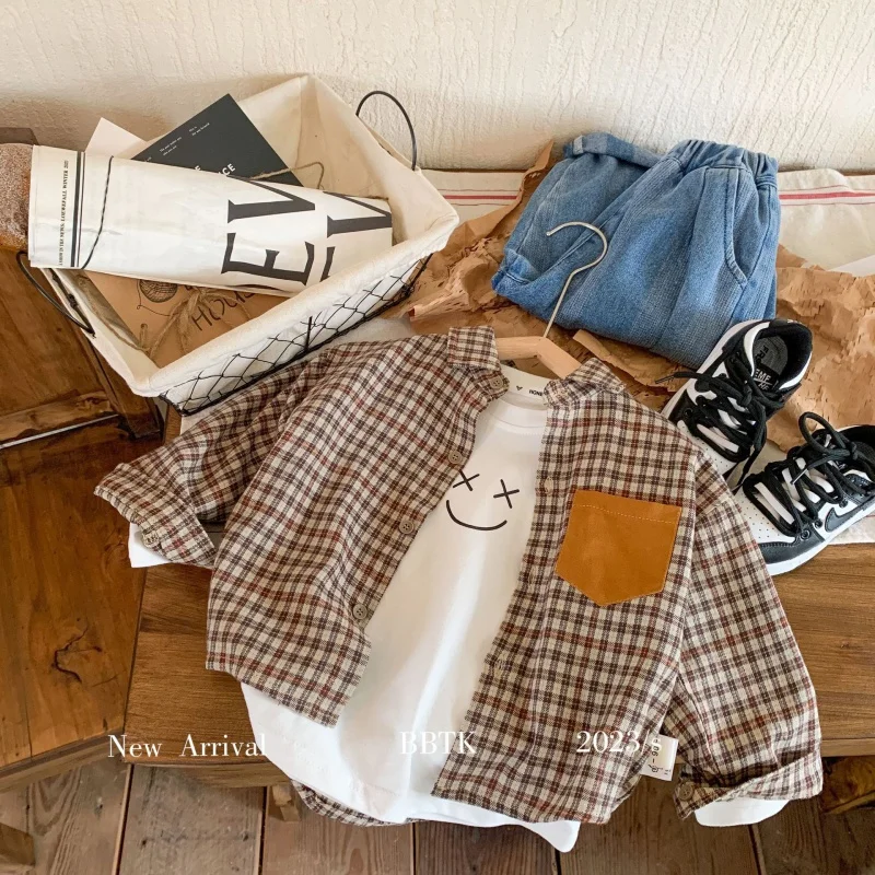 

Children's shirt2024Spring New Boys' Color Matching Pocket Plaid Shirt Casual Jacket F0020-WS