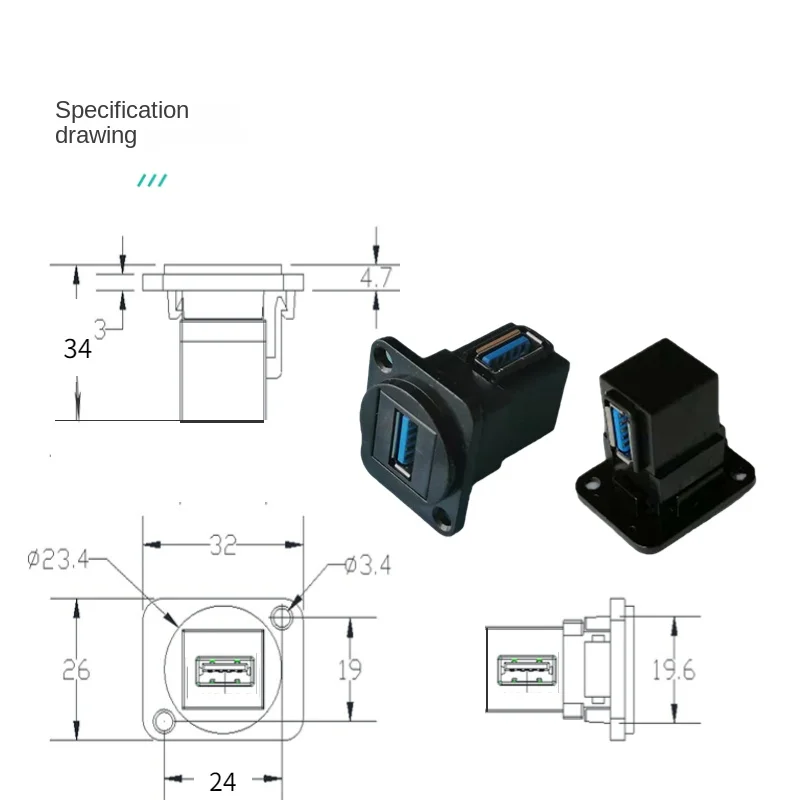 D-type USB 3.0 vite gomito fisso giunto di testa dritto a 90 gradi, modulo connettore adattatore componente pannello nero e argento