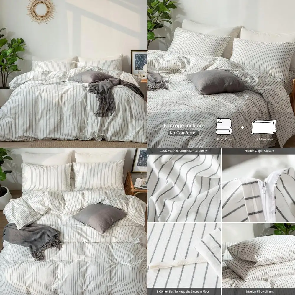 

Комплект пододеяльников в полоску, 100% стираный хлопок, лен, как текстурированный, дышащий, прочный, мягкий, удобный (белый, темно-серый, широкие полоски, полный