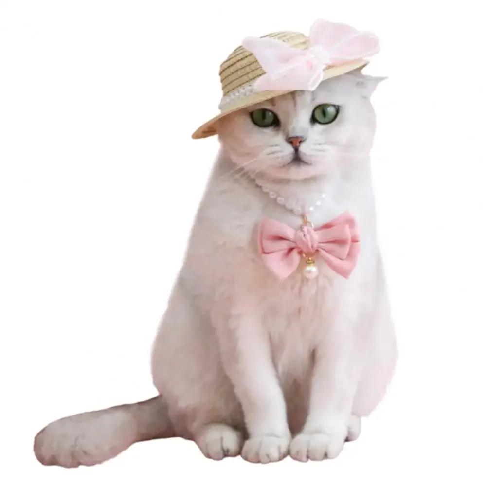 New Straw Pet Hat Cat Dog Summer Sun Shade Straw Hat Pet Puppy Accessories Small Dog Hat Sweet Bow Hats for Cats Pet Hats