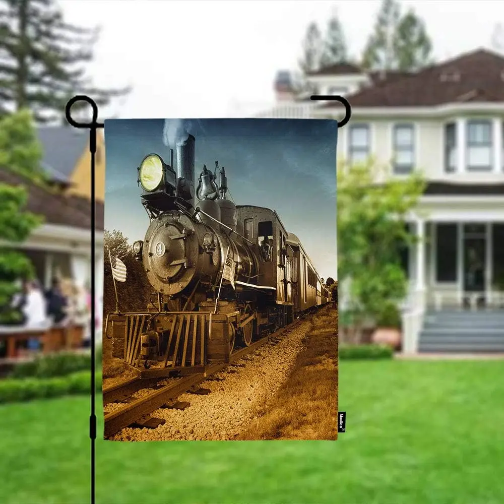 Moslion Train Garden Flag Vintage Steam Engine Locomotive Train Railroad Track Camera Flags Double-Sided Banner Welcome Yard hhz