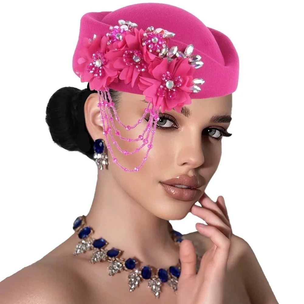 

New Rhinestone Top Hat Cashmere Wool Casual Pillbox Hat French Vintage Headwear Party Dress