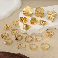 1/2pcs Open Adjustable Ring Marine Organism Fish Sea Wave Shell Starfish Stainless Steel Rings For Women Men Real Agate Jewelry