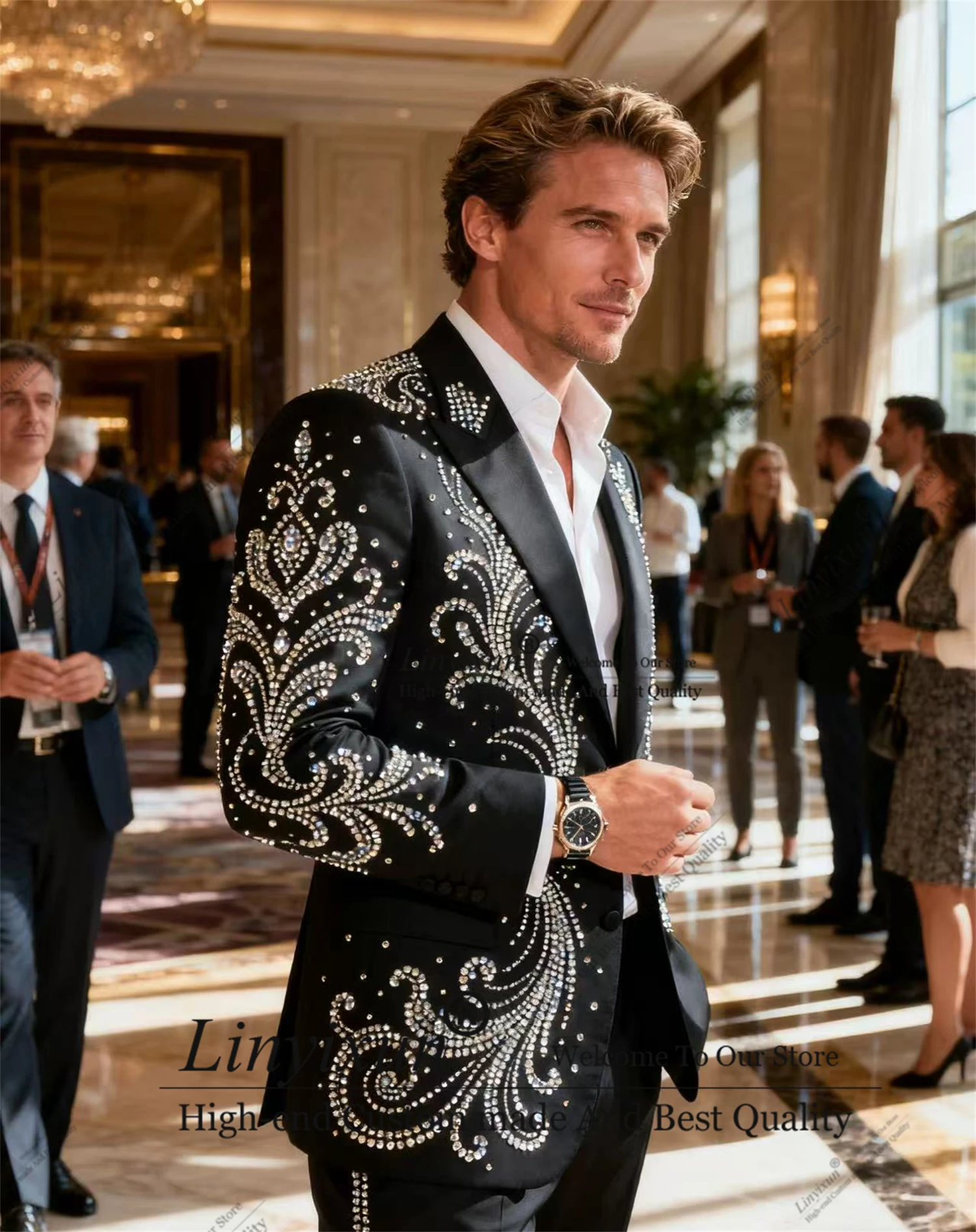 

Уникальный дизайн, смокинги с кристаллами из бисера, мужские костюмы из 2 предметов, свадебный жених, элитные мужские вечерние пиджаки по индивидуальному заказу, облегающие Ropa Hombre