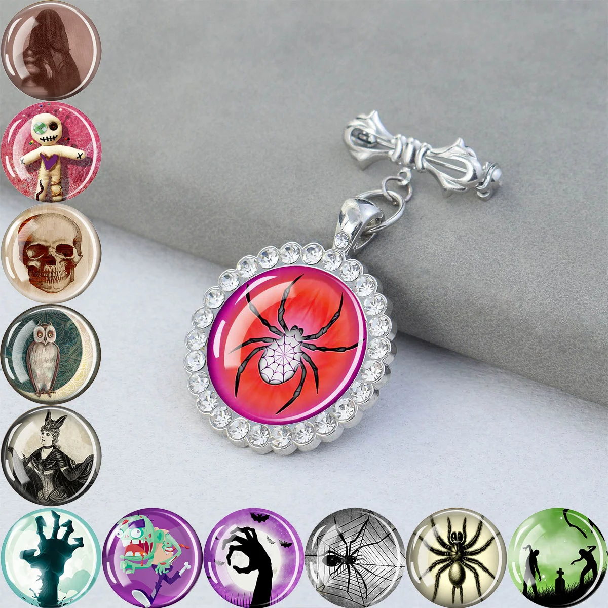 1PC Halloween themed spider patterned circular glass brooch with synthetic zircon trim, suitable for holiday party gifts.