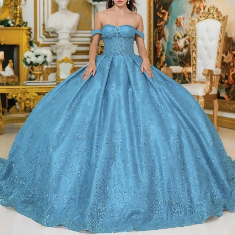 

Небесно-голубое блестящее платье Quinceanera с открытыми плечами и блестками, аппликация, кружево, бусины, бант, тюлевое платье для вечеринки, дня рождения, сладкое платье 16, Vestidos 15