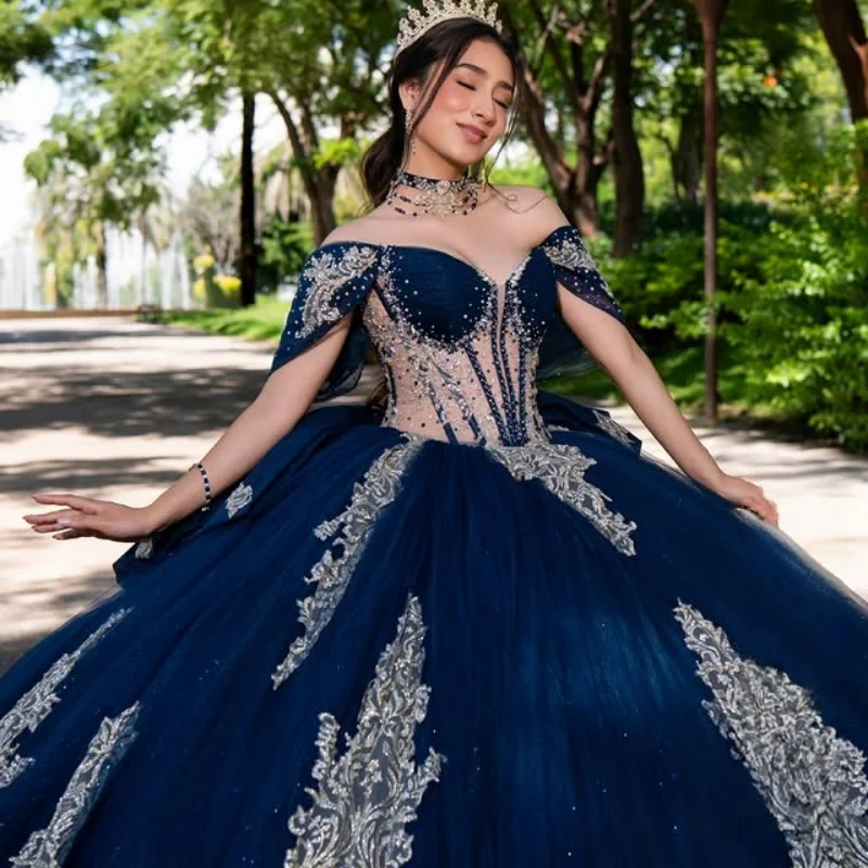 

Blue Quinceanera Dress off-shoulder Crystal Glitter Decal Lace Ruffles Long tail Bow vestidos de 15 Quinceanera ﻿Customized