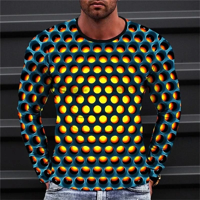 Fashion Optical Illusions Pattern T-shirt Funny Mens Autumn Long Sleeve 3D Printed Pullovers Loose Streetwear Catch Eyes Tees