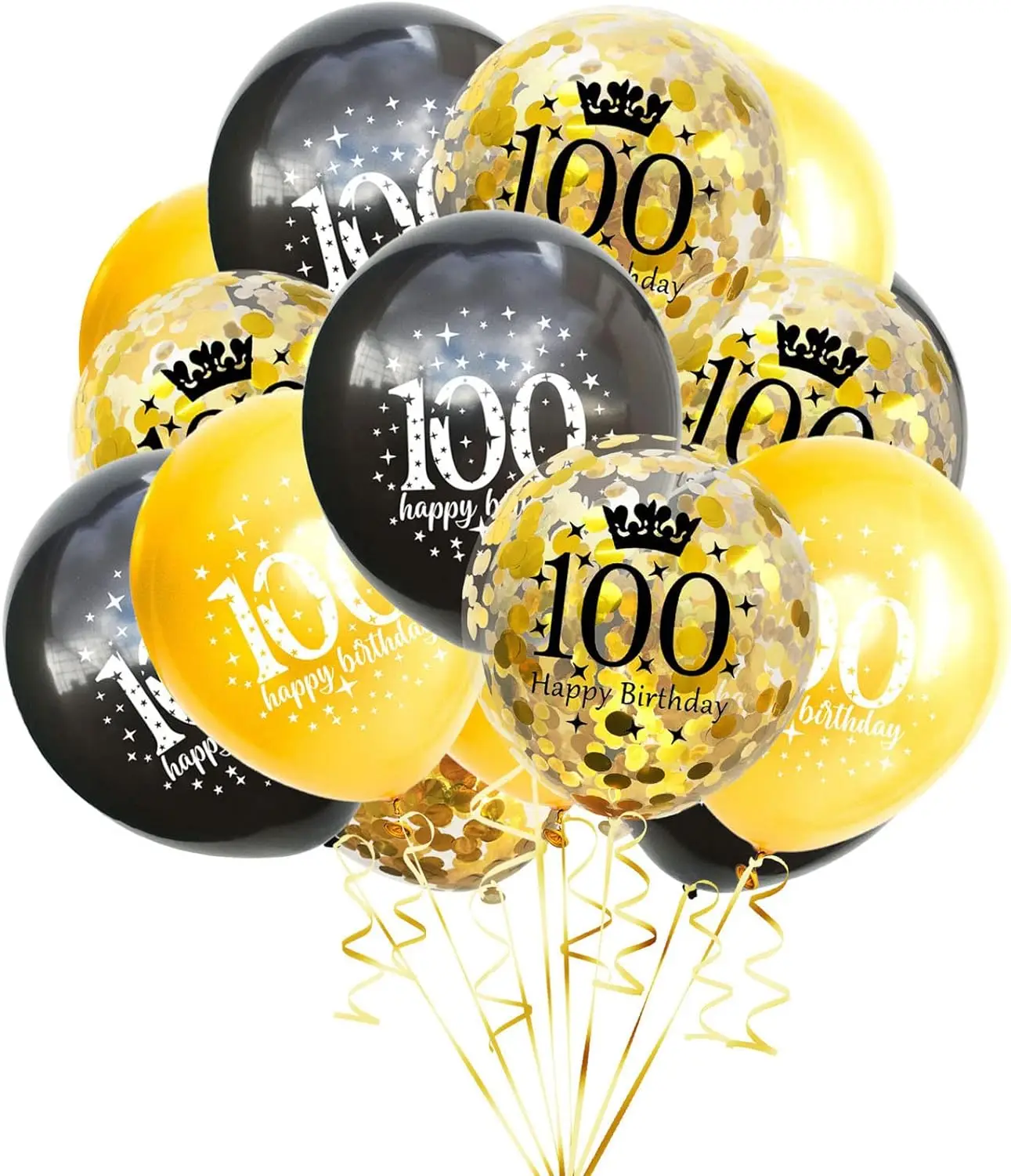 Latex Confetti Balloons for Women and Men, 100th Birthday Party Decorations, Anniversary Theme, Gold and Black