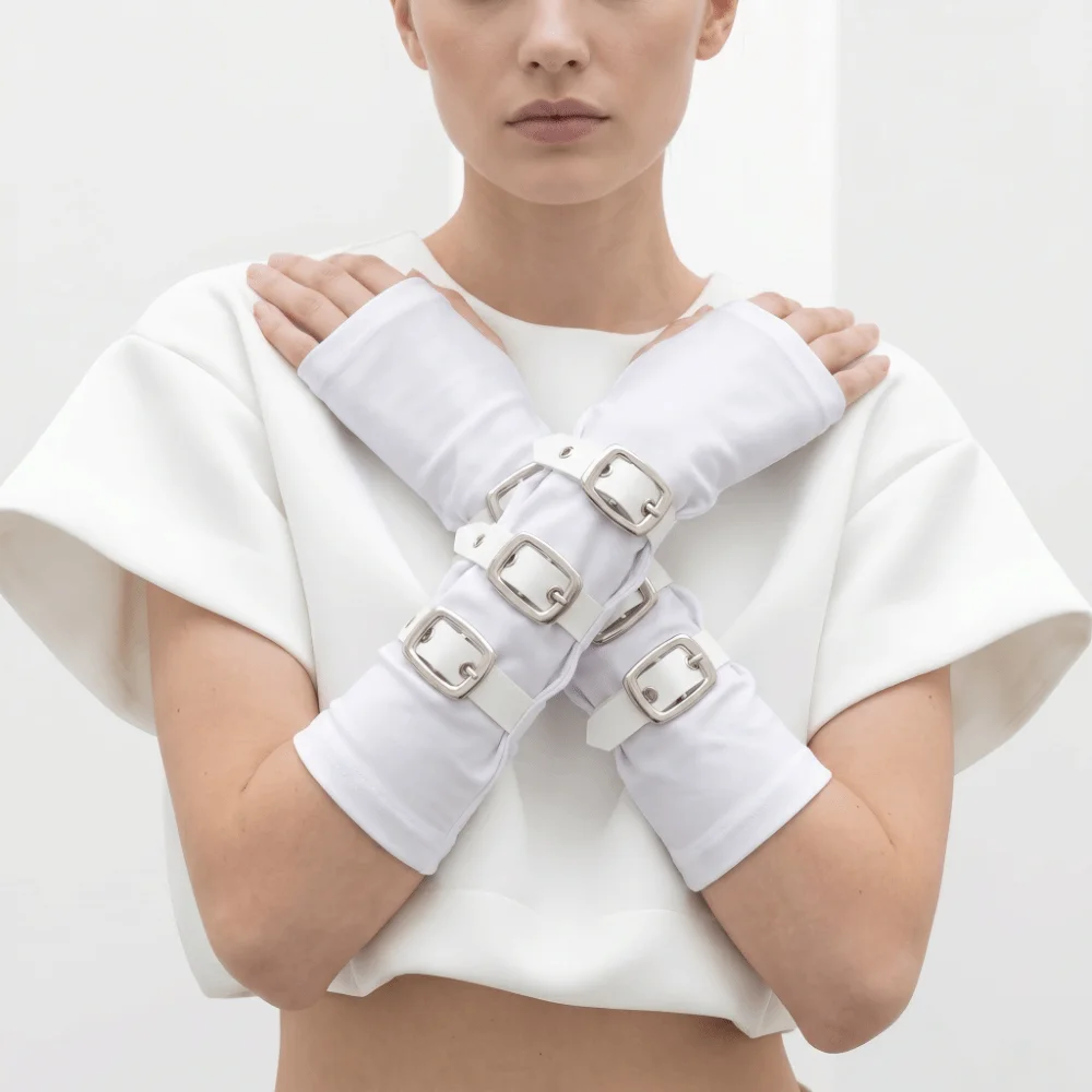 Polyester Punk Arm Sleeves Nonstretch Fabric Metal Buckles Dark Gothic Arm Covers Lightweight White Half-arm Sleeve Gloves