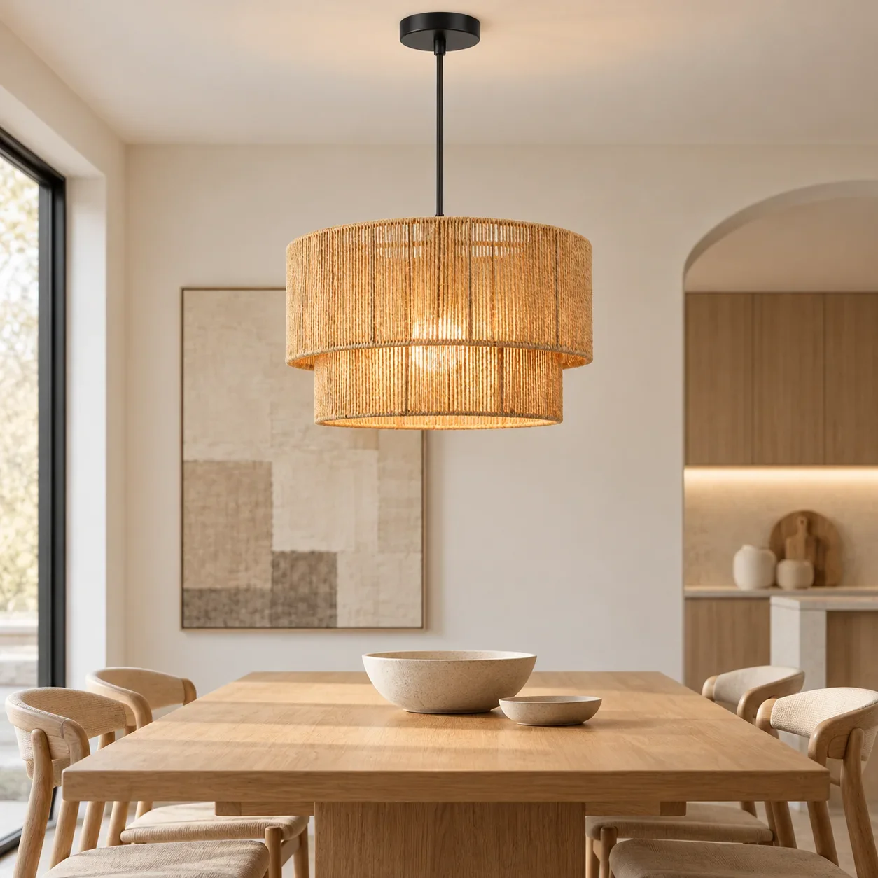 JOYINLED 2-Layer Woven LED Chandelier, 45cm Hand Woven E27 Ceiling Pendant Light, Natural Hanging Lamp for Dining Room Kitchen