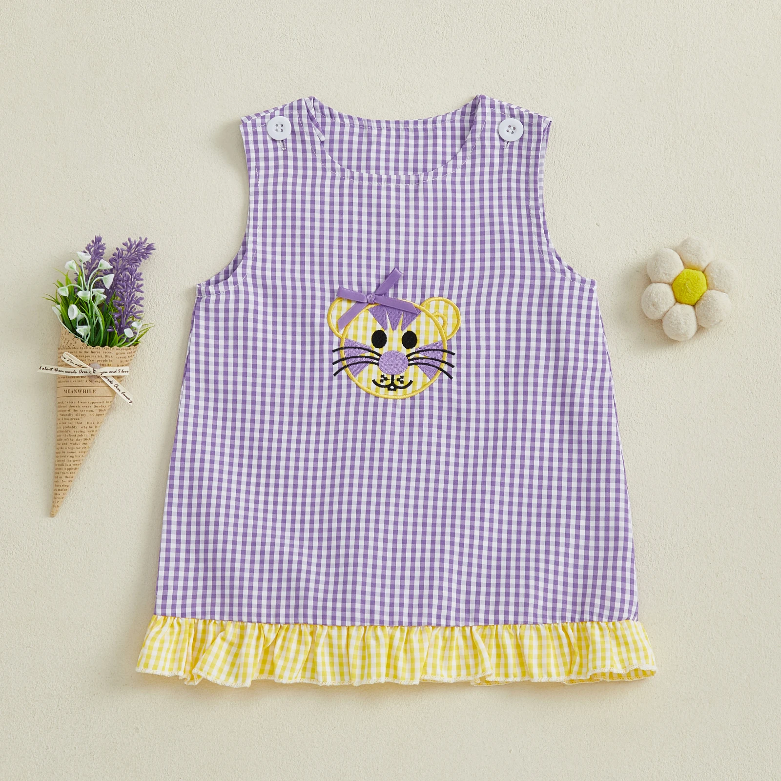 

2025-06-02 Lioraitiin Toddler Girl Gingham Tank Dress Tiger Embroidered Round Neck Sleeveless Ruffle Dress Cute Summer Clothes