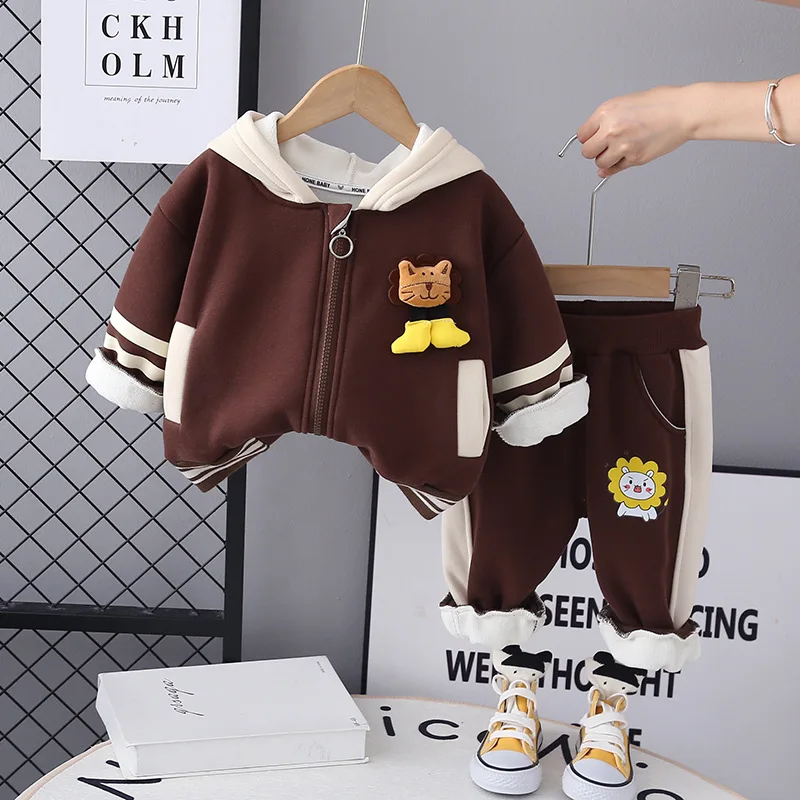 

2023 Winter Children Clothing Sets Baby Boys Cartoon Dinosaur Hooded Coats Pants Kids Tracksuit Infant Plush Clothes Outfits