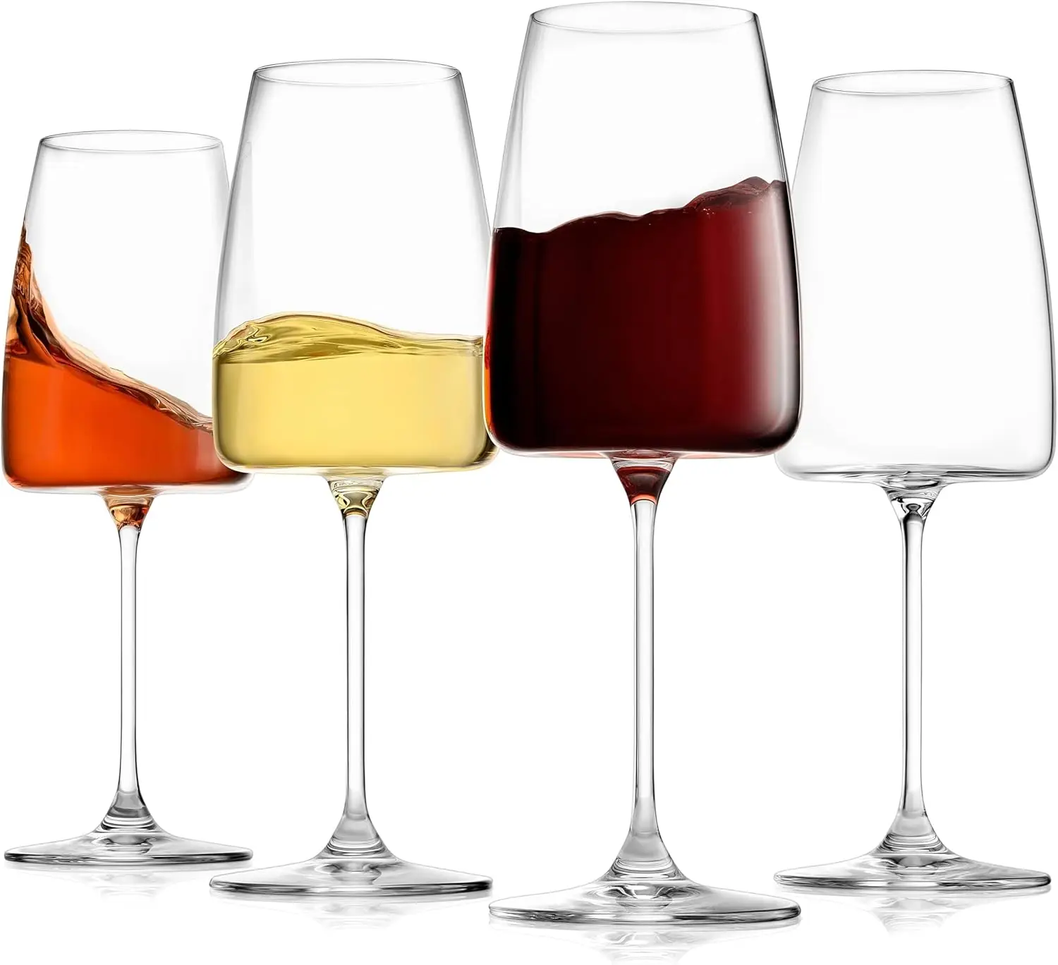 

ry Wine Glasses Set of 4 | Hand Europe | 14oz Premium Crystal Red & White Long Stem Wine Glasses | Unique Modern Shape