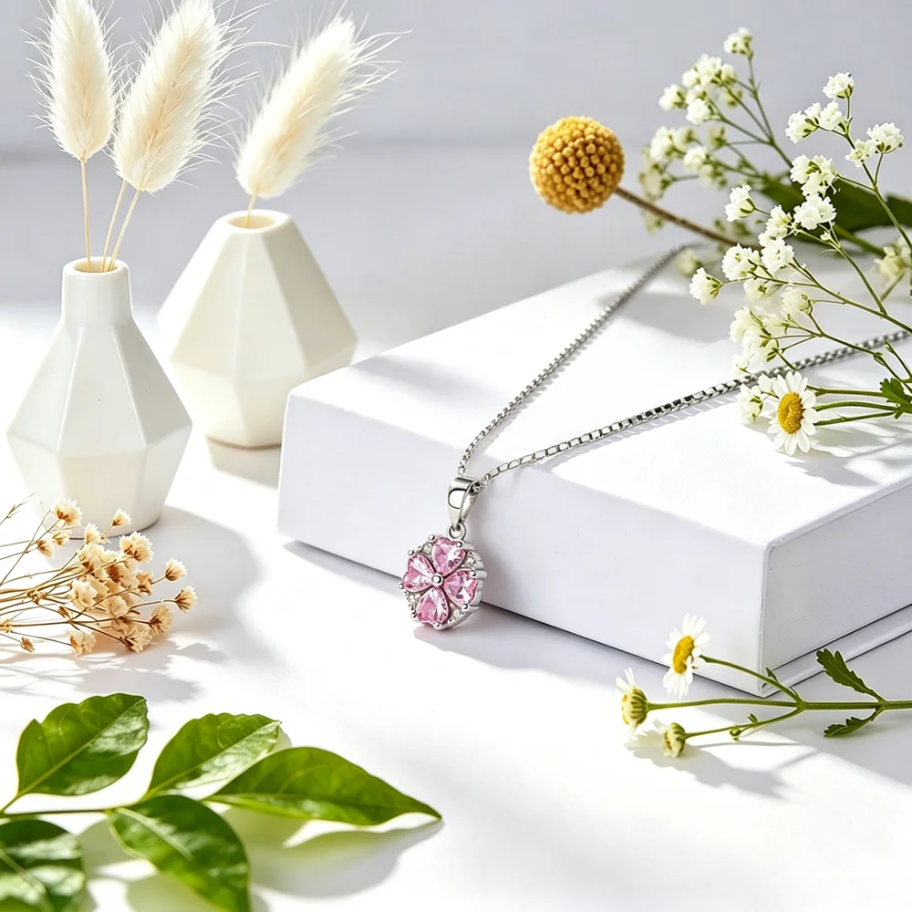 Latest Fashion Long Necklace Heart Pendant For Women Lady Girls 925 Sterling Silver Clear Pink CZ Composition Necklace