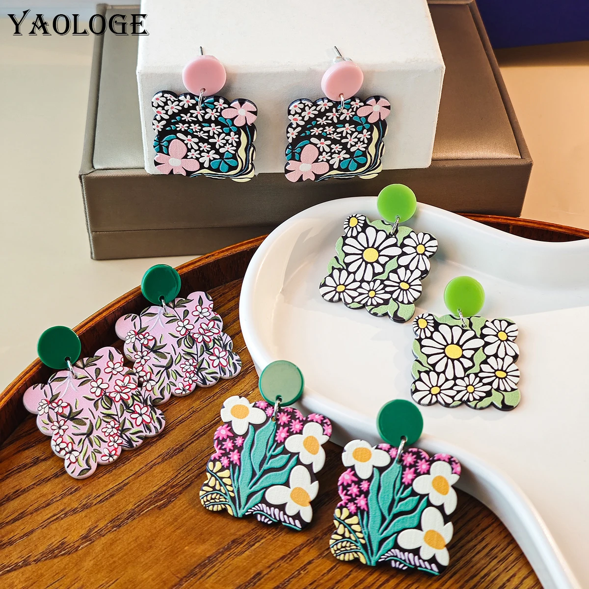 YAOLOGE New Retro Flower Earrings Acrylic Resin Earrings For Women Girl Birthday Long Pendant Earrings Sweet Accessories Earring