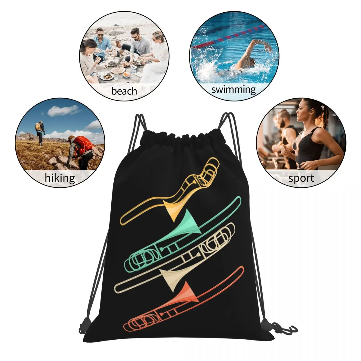 Trombonist Vintage Trombone Backpacks Multi-function Portable Drawstring Bundle Pocket Shoes Bag Book Bags For Travel Students