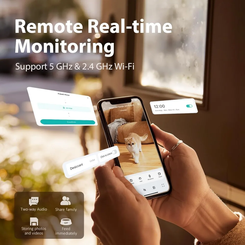 وحدة تغذية أوتوماتيكية للقطط مع كاميرا، التعرف على الحيوانات الأليفة بالذكاء الاصطناعي بدقة 1080 بكسل، التحكم في تطبيق WiFi، موزع مؤقت، صوت ورؤية ليلية في اتجاهين
