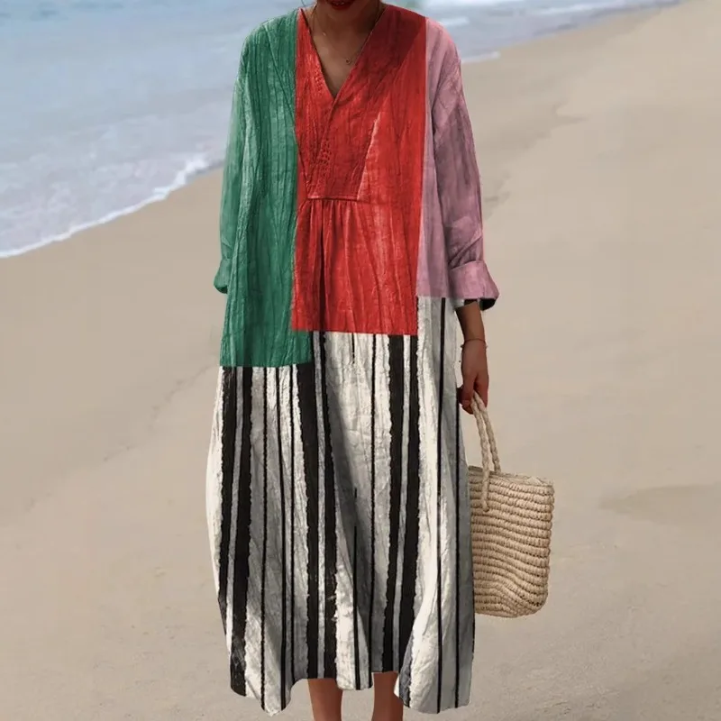 فستان نسائي قميص طويل الأكمام مطبوع عليه زهور ثلاثي الأبعاد ورقبة على شكل حرف V فستان ماكسي كاجوال للإجازات بوهو