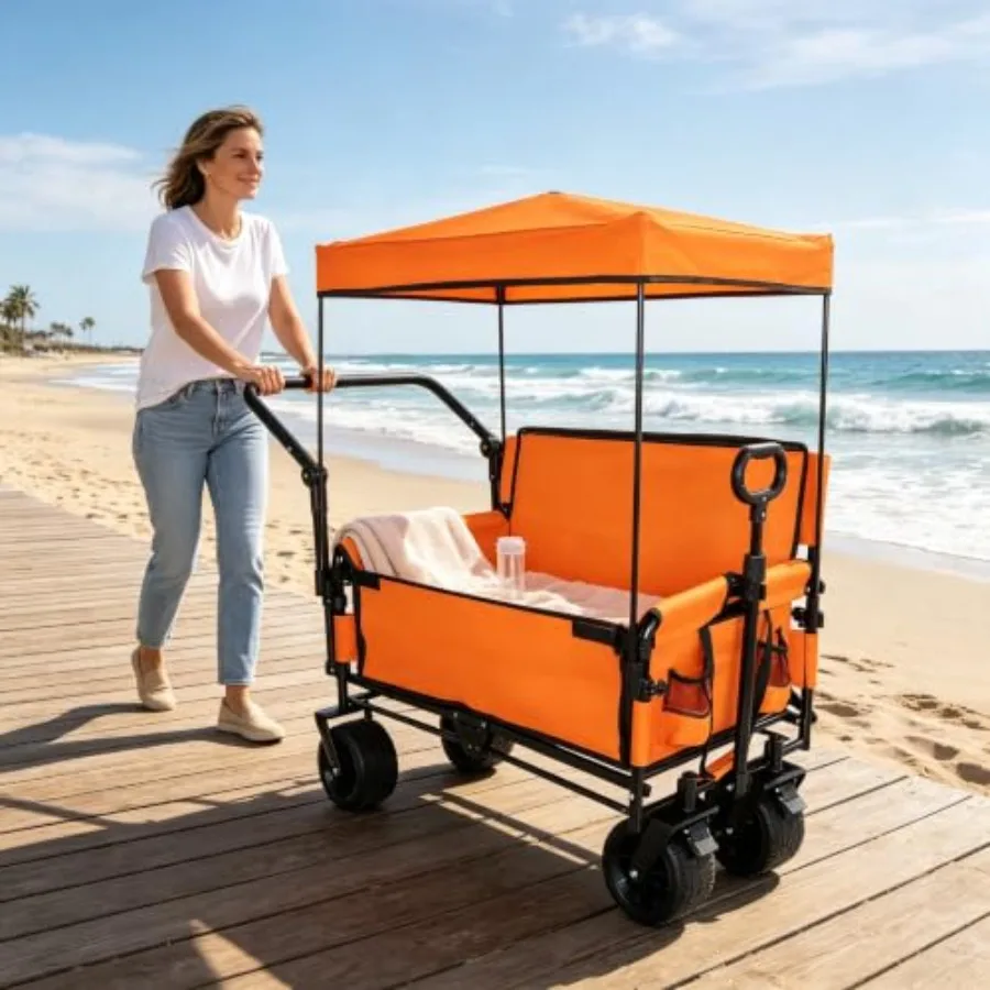 Beach utility wagon cart seat with collapsible design, heavy-duty steel frame, black color, UV-resistant canopy for sun protect