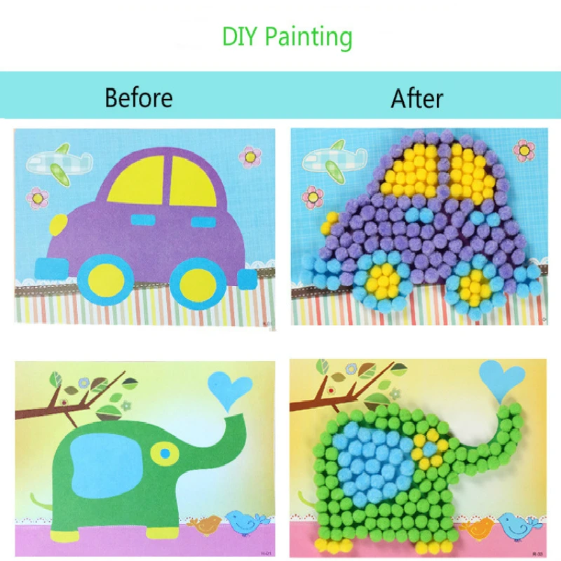 Clearance!!!1pc Random Baby Kids Plush Ball Creative DIY Painting Stickers Children Cartoon Educational Handmade Drawing Toys