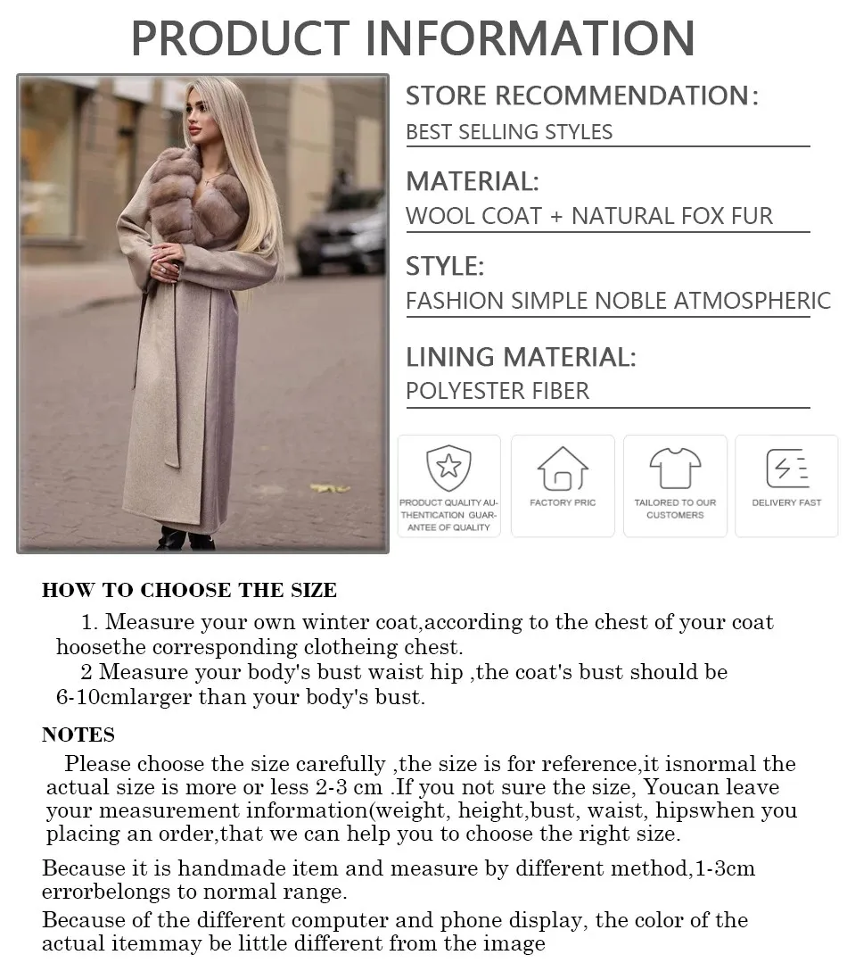 معاطف صوف نسائية مع ياقة فرو الثعلب الحقيقي معطف شتوي دافئ طويل من قماش الكشمير معاطف مزيج صوف فاخرة عالية الجودة