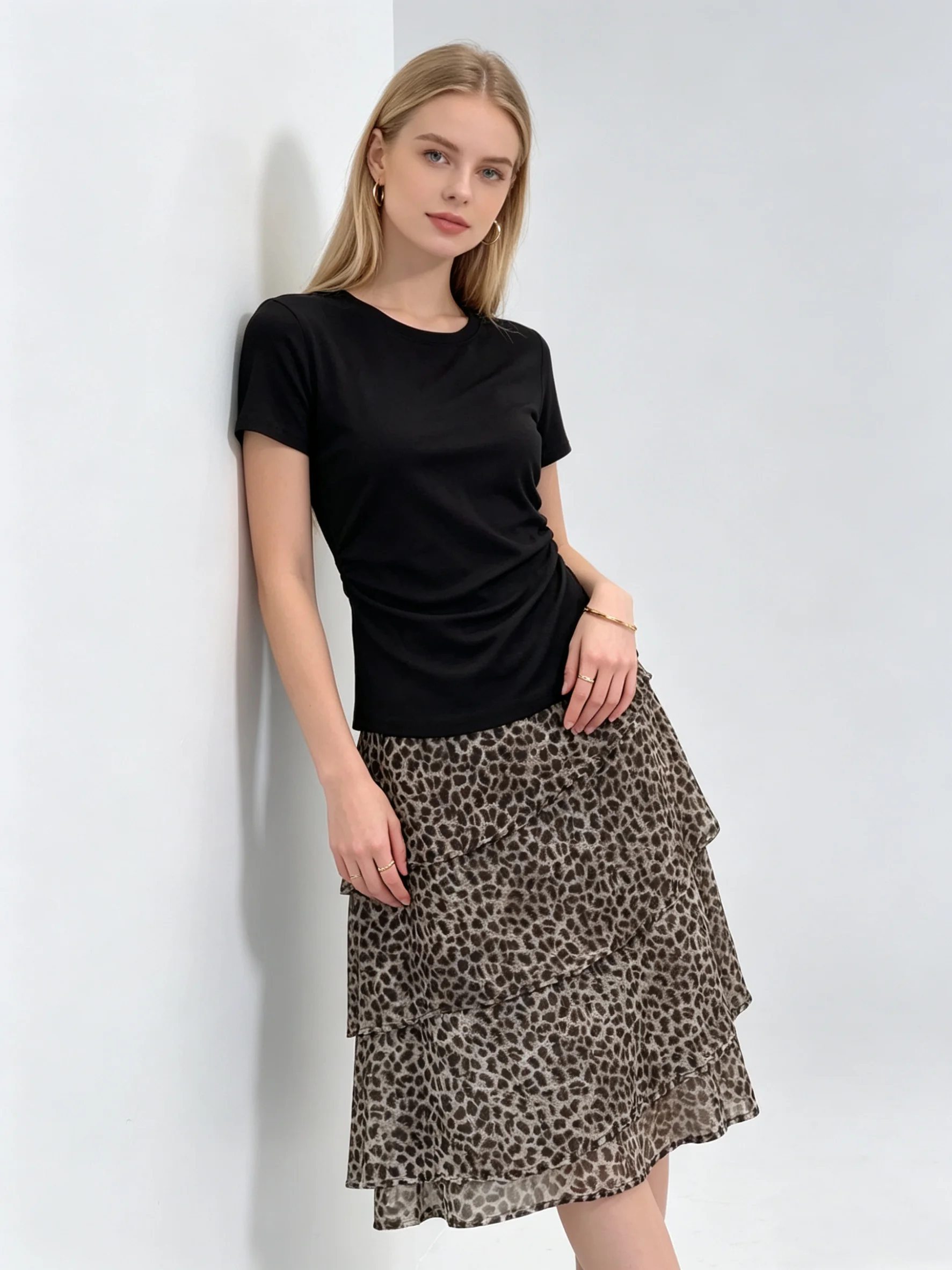 Women Gray Retro Leopard Print Ruffle Skirt Vintage Stylish Asymmetrical Skirt A-Line Irregular Midi Skirt for Women Summer 2026
