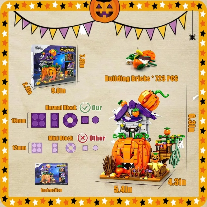 Halloween Set blok bangunan kreatif, Kit Dekorasi Rumah labu rumah hantu Halloween, hadiah pesta ulang tahun