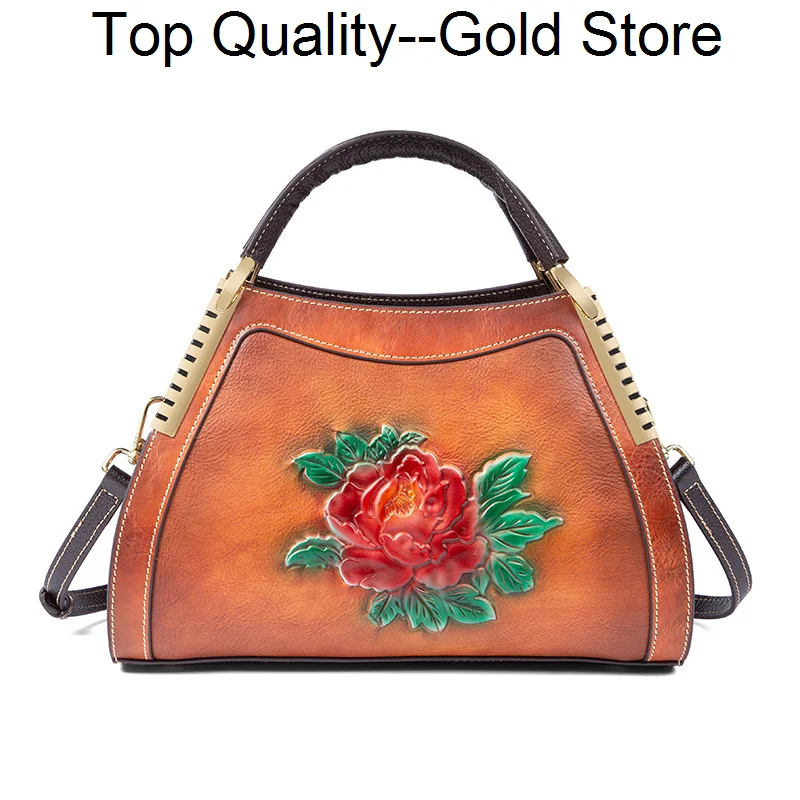 Women Genuine Leather Messenger Shoulder Tote Bags Flowers Real Cowhide Female Lady Designer Cross Body Top Handle Handbag