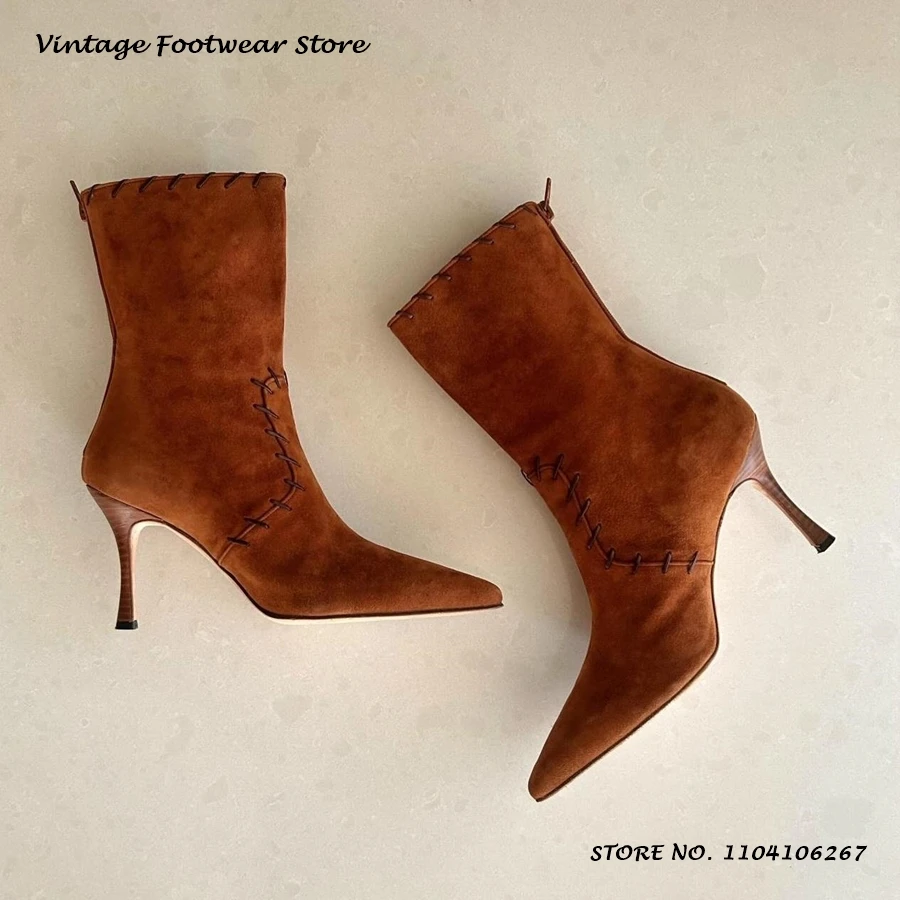 Vintage Suede Overstitch Ankle Boots Retro Pointed Toe Thin Heels Plus Size Shoes Women's British Style Back Zipper Booties