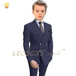 Boys navy blue party tuxedo 2 piece set latest lapel kids suit gold buttons fashion style suit double breasted