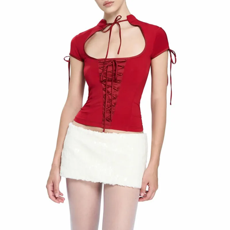 

Fashion Casual Top for Women 2025 Summer New Lace-Up Slim Design U-Neck Solid Color High-End Short Sleeve T-Shirt