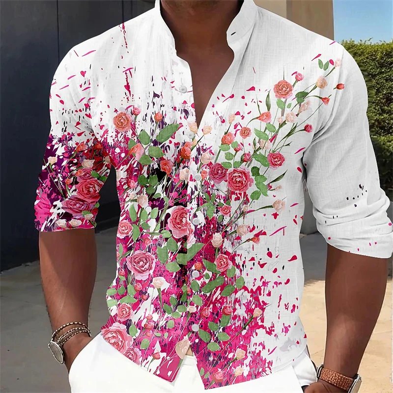 

2026 New Men's Stand Collar Rose Print Shirt, Comfortable, Breathable, Casual Long-Sleeve Floral Shirt, Plus Size Men's Clothing