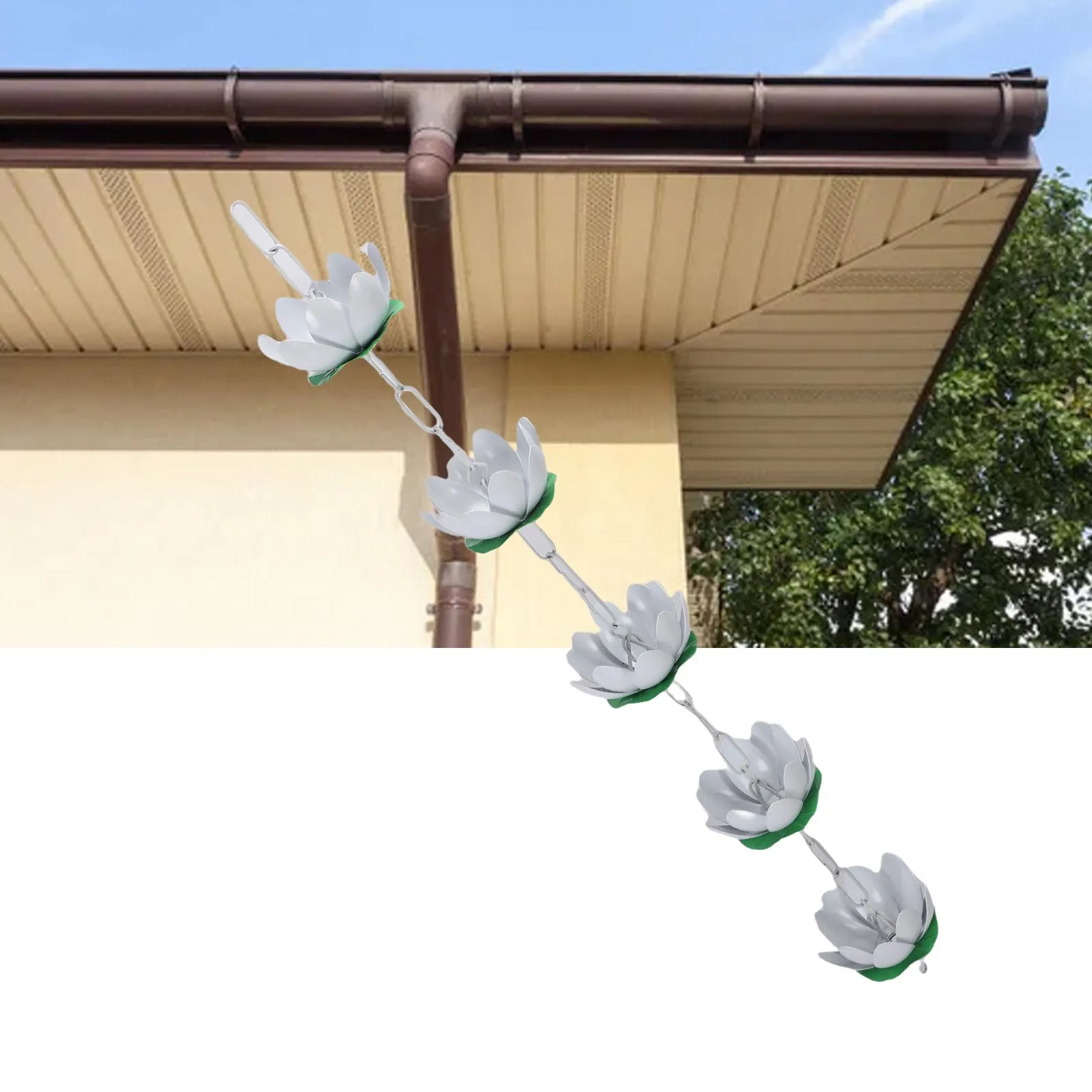 White 110cm Trench Drain Rain Chain Outside Gutter Rainwater Aluminium Catcher With Hooks 5 Flowers For Eaves