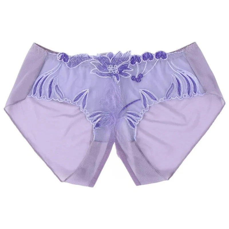 Womens Underwear Large Size Sexy Mesh Floral Embroidered Briefs Open Crotch Low Waist Underpants Transparent Panties Lingerie
