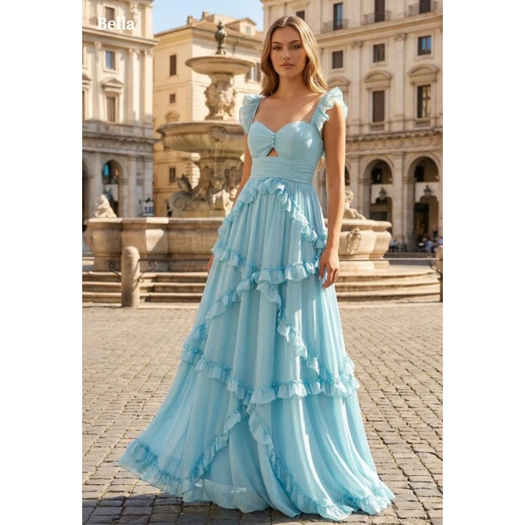 Bella Customized Sky Blue Prom Dress with Ruffled Spaghetti Straps, Sweetheart Cutout Bodice and Tiered Chiffon Maxi Skirt 2026